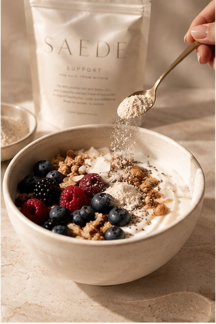 A spoonful of Support over a yogurt and berry bowl.